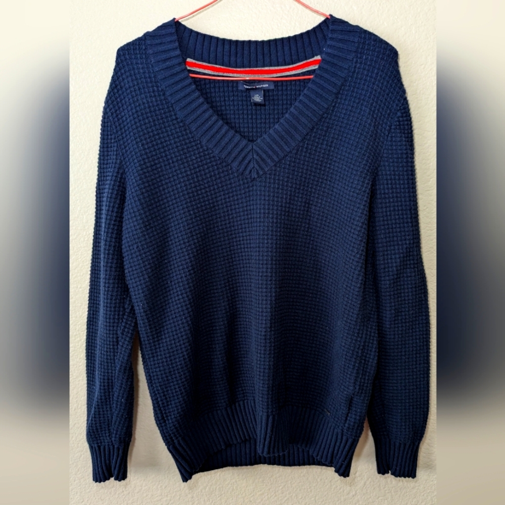 Tommy Hilfiger Jumper Pullover Mens Large Blue Cotton/Nylon/Wool Knit V Neck